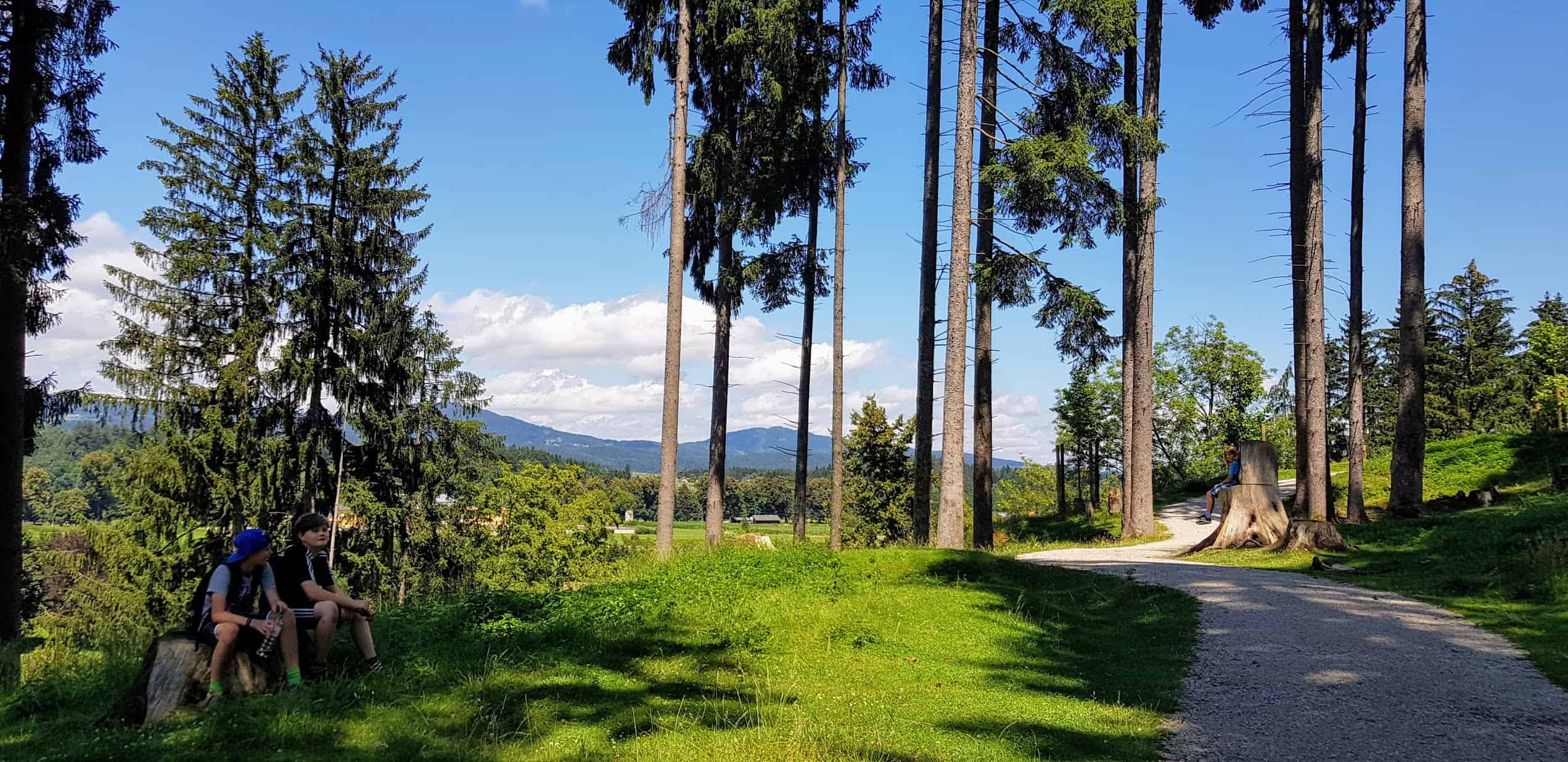 Kinder rasten bei Wanderung durch den Tierpark Rosegg in Kärnten