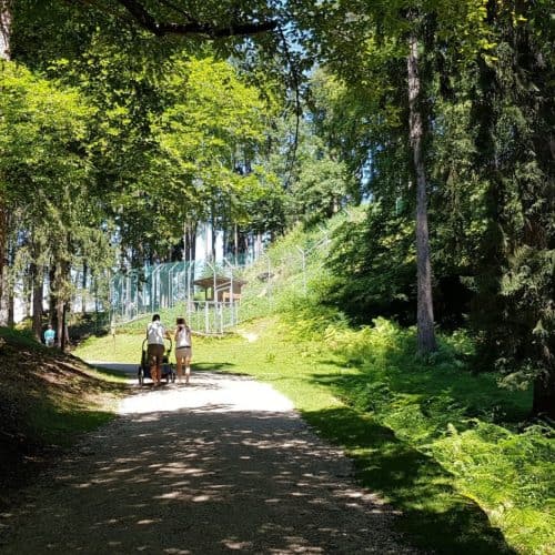 Mit Baby im Kinderwagen im Tierpark Rosegg