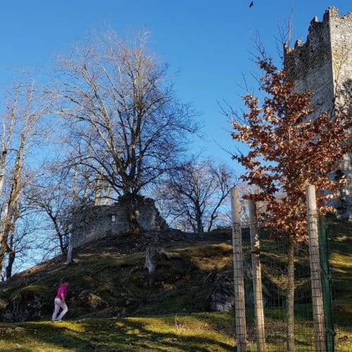 Ruine Rosegg im Frühling bei Ausflug mit Kind