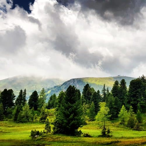 Wandern nach Regenwetter bei Ausflug auf die Turracher Höhe in Kärnten, Österreich. Berge, Wolken, Wiesen und Bäume.