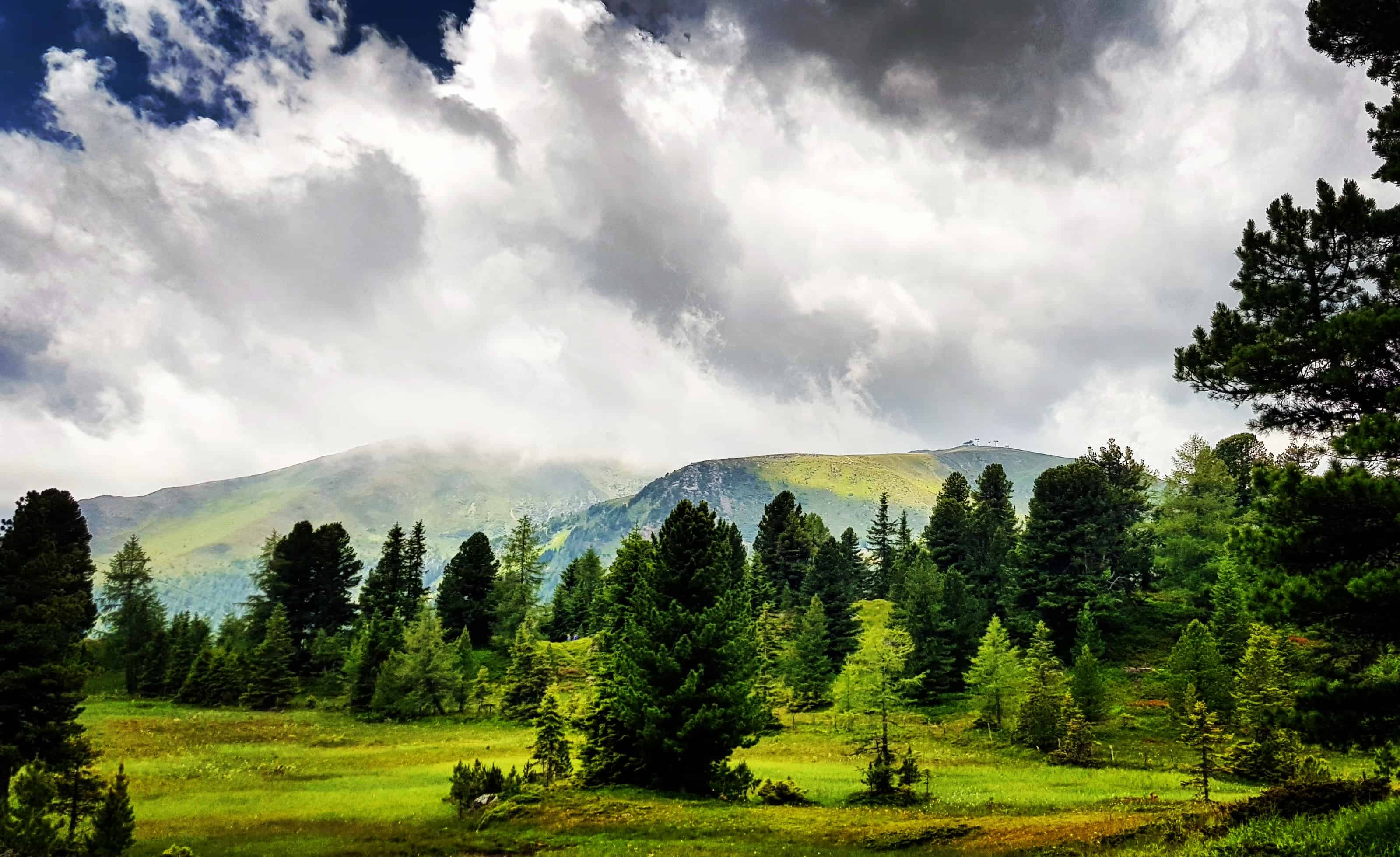Wandern nach Regenwetter bei Ausflug auf die Turracher Höhe in Kärnten, Österreich. Berge, Wolken, Wiesen und Bäume.