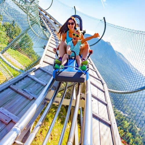 Auf der Alpen-Rodelbahn Nocky Flitzer auf der Turracher Höhe in Kärnten. Erwachsene mit Kind flitzen vom Berg ins Tal.