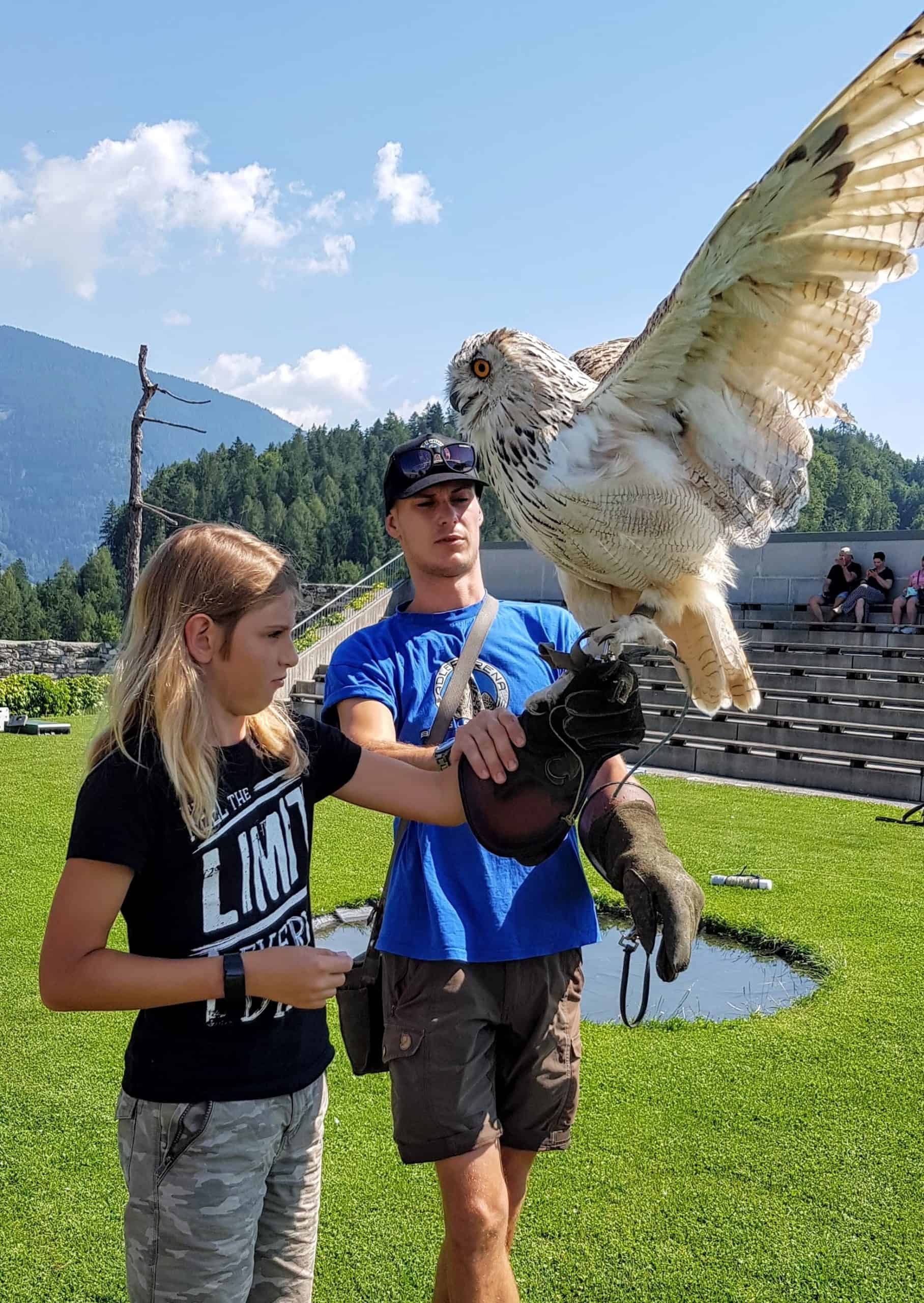 Foto mit Sibirischer Uhu auf Adlerarena Burg Landskron in Villach am Ossiacher See bei Familienausflug in Kärnten, Österreich