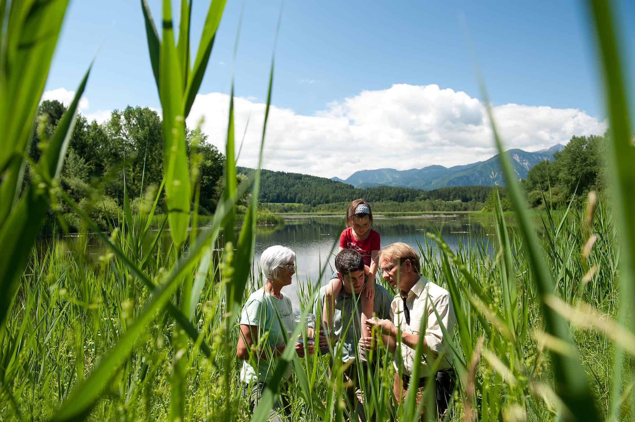 Familie mit Kind bei Führung und Expedition im Slabatnigmoor in Kärnten, Urlaubsregion Klopeinersee in Österreich.