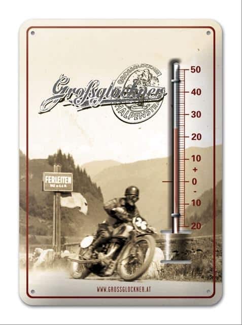 Motorrad Nostalgieschild mit Thermometer im Großglockner Onlineshop