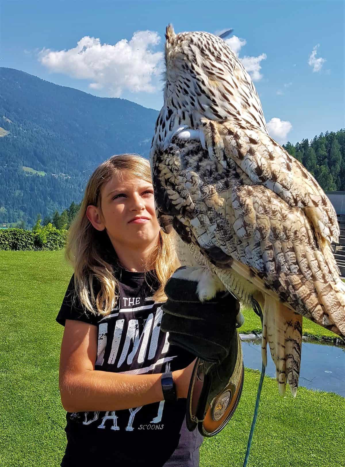 Tiererlebnis mit Kindern auf der Adlerarena Burg Landskron - Foto-Gutscheine mit Sibirischem Uhu bei Adlershow, Region Villach am Ossiacher See in Österreich